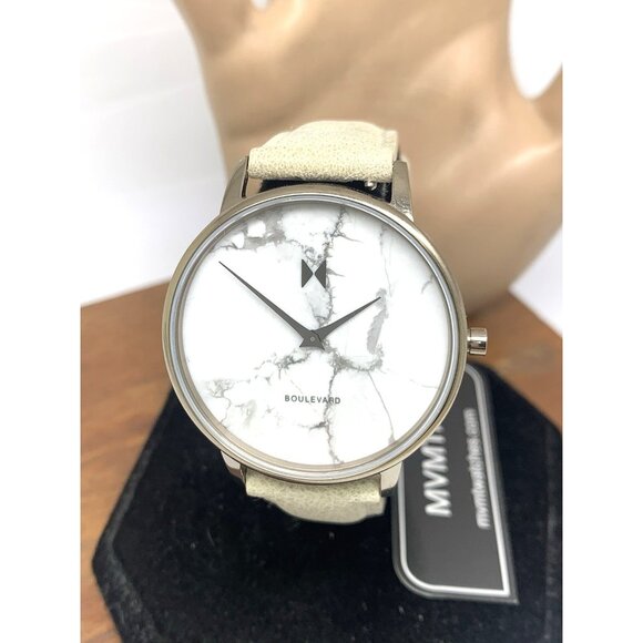 MVMT Women\'s Watch MB01-Tima Quartz White Gray Marble Dial Leather Band 38mm